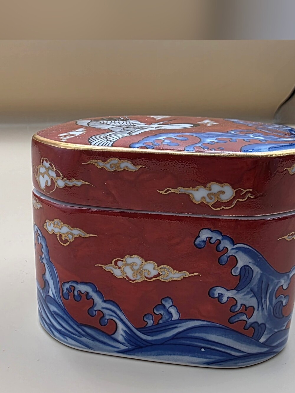 Vintage TAKAHASHI TRINKET Jewelry Jar BOX CRANE OVER OCEAN WAVES Porcelain Japan